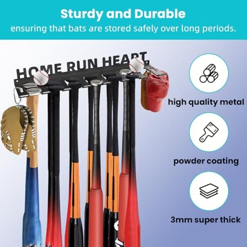 Sahans Baseball Bat Storage Rack Wall Mount Softball Holds 14 Bats Metal Organizer Heavy Duty Steel Sports Display Holder Home and Field Equipment Hanger Hooks Hardware Included Home Run - Thumbnail 5