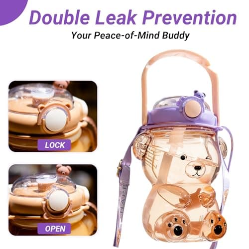 DegoCython Kawaii Bear Straw Water Bottle for Kids 31.5oz (930ml) - Leak Proof One Touch, BPA Free, Adjustable Removable Shoulder Strap, Cute Water Bottle for Boys Girls, Purple, Phone Holder Lid - Thumbnail 5