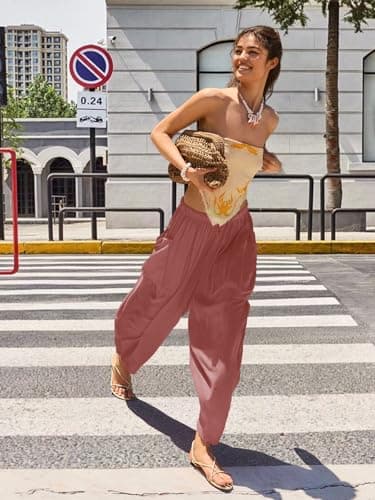 COCOMARTS Womens Linen Wide Leg Palazzo Pants Casual Loose Elastic Drawstring Flowy Pant 2025 Fall Travel Baggy Harem Pants with Pocket Dusty Rose XX-Large - Thumbnail 2