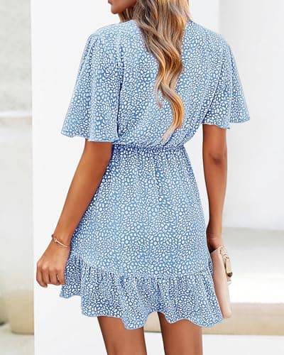 KIRUNDO Womens Summer Dresses 2026 Casual Spring Short Sleeve V Neck Ruffle Floral Print High Waist Belted Flowy Mini Dress(Medium, Light Blue) - Thumbnail 2