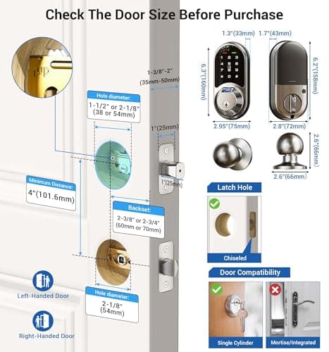 Veise RZ07C Smart Locks for Front Door, 2 Knob Handle Set, Fingerprint Keyless Entry, App Control Biometric Lock, Electronic Digital Touchscreen Keypad Deadbolt, Easy Install, Auto Lock, Satin Nickel - Thumbnail 6