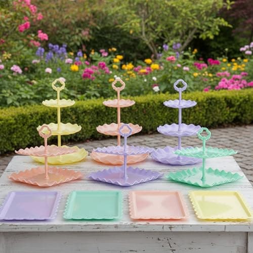 Pack of 11 NWK Cake Stand Set, with 3 x Two-Tier and 3 x Three-Tier Cupcake Stands, 4 x Appetizer Trays, 1 x Tablecloth for Birthday Bridal Baby Shower Party (Colorful) - Thumbnail 4