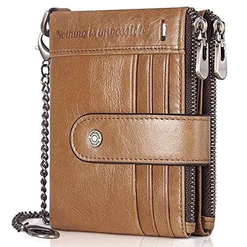gzcz Brown Leather Wallet for Men with Chain Rfid Blocking Double Zipper Bifold Card Holder Coin Pocket - Image 1