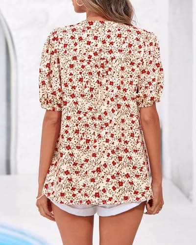 BTFBM Womens Tops 2026 Spring Casual Loose Puff Sleeve V Neck Floral Satin Work Blouse Dressy T Shirts Silk Tunics(Floral Apricot Red,Large) - Thumbnail 5