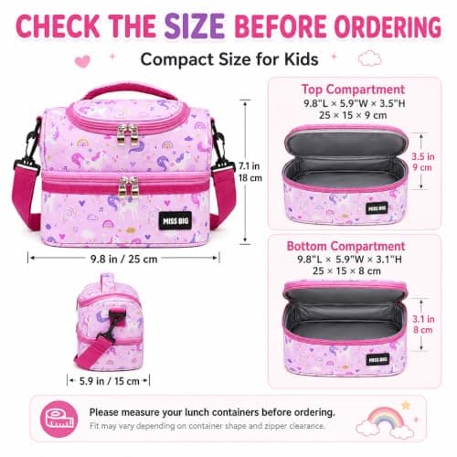 MISS BIG Kids Lunch Bag for Girls, Pink Unicorn Insulated Lunch Bag with Two-Tier Storage, Adjustable Shoulder Strap, Lunch Box Bag for Kids, School, Daycare, Picnic, Travel - Thumbnail 2