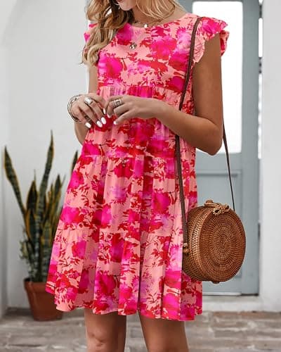 KIRUNDO Spring Dresses for Women Casual Boho Floral Ruffle Tiered Flowy Sleeveless Short Sundress 2026 Trendy Mini Cute Babydoll Dress(X-Large, Floral Rose Red) - Thumbnail 6