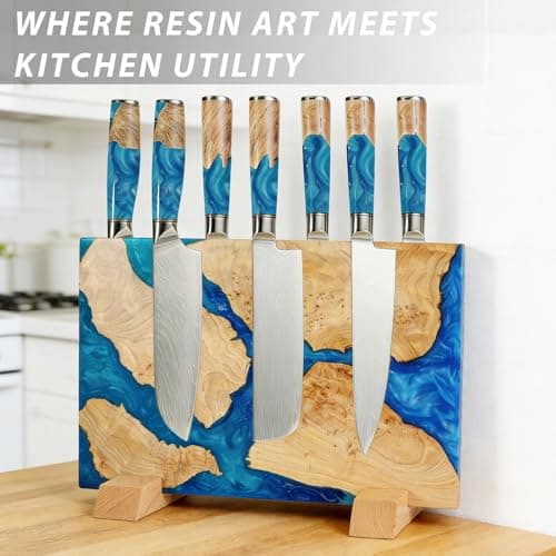 Premium Artisan Magnetic Knife Block - Double Sided 20 Knife Holder - Handcrafted Burl Wood & Blue Resin River Design - Stable Countertop Stand - Professional Kitchen Storage(No Knife) - Thumbnail 2