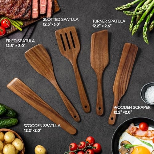 KLYRO 5 PCS Wooden Spatula Set, Natural Teak Wooden Spoons for Cooking, Nonstick Cookware Safe Kitchen Utensils Set, Durable & Elegant Cooking Utensils Gift Set - Thumbnail 3