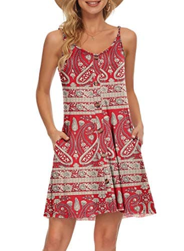 WNEEDU Women's Summer Spaghetti Strap Button Down V Neck Casual Beach Cover Up Dress with Pockets,Boho Floral Red XL - Image 1
