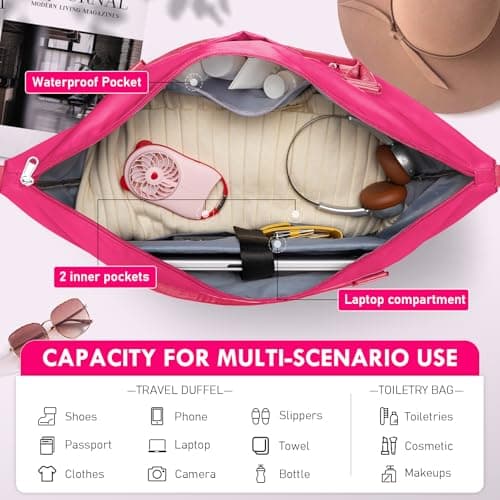 WOOMADA Weekender Overnight Bag for Women, Shoulder Travel Duffel with Shoes Compartment,Gym Bag with Toiletry Bag Large Size(hot pink) - Thumbnail 4