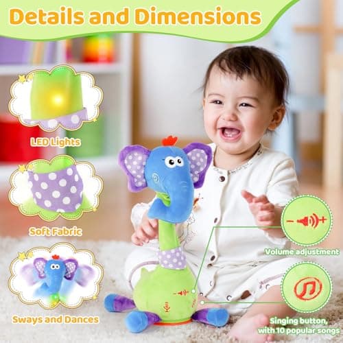 Dancing Talking Elephant Baby Toy, Elephant Stuffed Animal Interactive Toy, Repeating What You Say, Singing 10 Children's Song, Glow & Melody Elephant Plush Toy for Toddlers 1-3 Years Old (Elephant) - Thumbnail 5