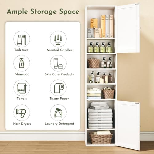 70.8" Tall Bathroom Storage Cabinet with 2 Barn Doors, Narrow Storage Cabinet with Adjustable Shelves & Open Compartments, Slim Floor Cabinet for Bathroom, Kitchen, Entryway, Living Room, White - Thumbnail 6