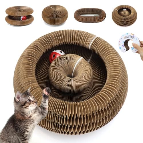 PETSWEET Magic Organ Cat Scratcher Cardboard, Interactive Scratch Cat Toy with Bell Ball, Foldable Scratching Board, Corrugated Cardboard Scratch Pad for Indoor Cats, Round(1PCS) - Image 1