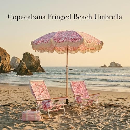 DEER LAND 6FT Fringe Beach Umbrella for Sand, Boho Coastal Patio Umbrella with Tassels, UPF 50+ Sun Protection, Tilt, Carry Bag for Beach Vacation & Pool, Reef Crimson - Thumbnail 2