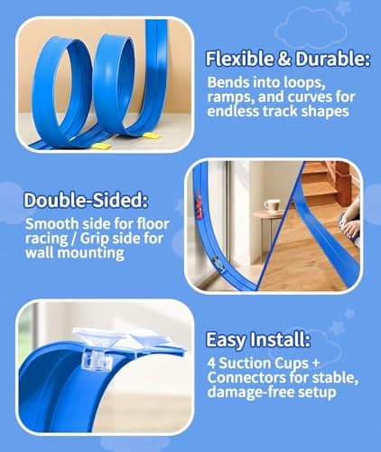 Flexible Race Track for Kids 3+, 15 Ft Hot Wheels Compatible Track with Strong Suction Cups, Portable Diecast 1/64 Car Ramp Track for Indoor Outdoor Play, DIY Bendable Monster Truck Track Set - Thumbnail 2