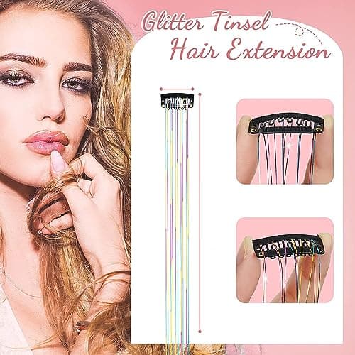 Hair Tinsel 12Pcs Clip in Hair Tinsel Extensions 20.5 Inch Fairy Hair Tinsel Kit for Girls Women Kids Glitter Hair Accessories for Christmas Halloween Cosplay Party (Lake Blue) - Thumbnail 6