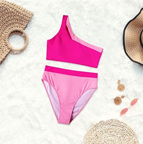 MOOSLOVER Women Cutout One Shoulder High Waisted Bikini High Cut Two Piece Swimsuits(XL,Pink Rose) - Thumbnail 3