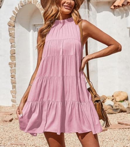 Okiwam Womens Summer Halter Dresses Sleeveless A Line Tiered Swing Mini 2025 Fall Casual Boho Beach Vacation Sundress-XL Pink - Thumbnail 3