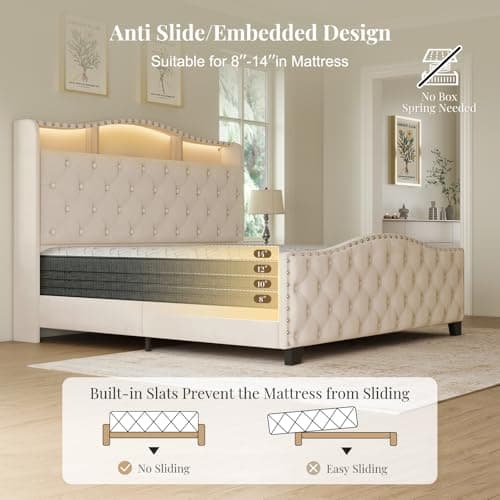 Belffin Queen Size Bed Frame and Headboard, 50.9" Velvet Upholstered Wingback Bedframe with LED Lights & Storage/Charging Station, Button Tufted Tall Footboard, No Box Spring Needed, Noise-Free, Beige - Thumbnail 5