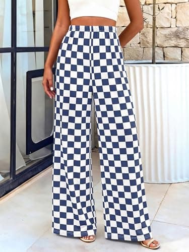 BTFBM Womens Checkered Palazzo Pants Wide Leg High Waisted Pockets Gingham Casual Lounge Pajama Trousers Summer Outfits(Plaid Grey Blue,Small) - Thumbnail 6