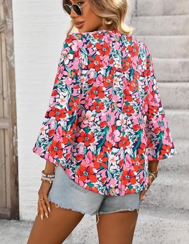 LOOKBOHO Boho Tops for Women 3/4 Sleeve Floral Blouses Casual Dressy Ruffle Sleeve Button V-Neck Business Shirts Pink L - Thumbnail 3