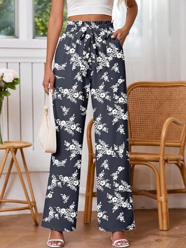 Heymoments Women's Wide Leg Pants with Pockets Lightweight White Flower Navy XX-Large High Waisted Tie Knot Paperbag Dressy Palazzo Loose Paper Bag Comfy Business Casual Work Flowy Trousers - Thumbnail 4