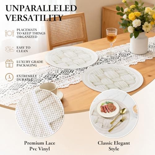 Kaixinbao 15 Inch Round Placemats Set of 6,Washable Wipeable Durable Place Mats for Dining Table,Kitchen Decor, Non Slip Lace PVC Vinyl Braided Table Mats(6, Cross-Weave Straw) - Thumbnail 2