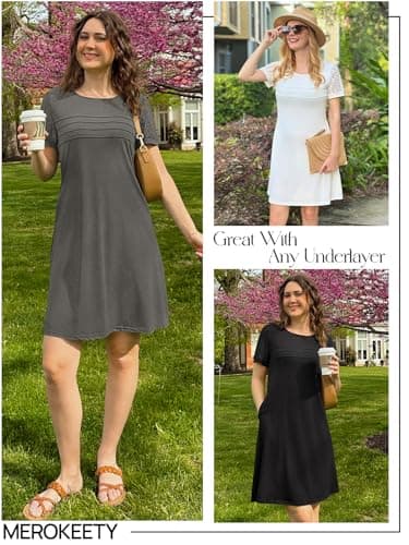 MEROKEETY Women's Summer Short Lace Sleeve T Shirt Dress Casual Crew Neck Pleated Front Shift Dresses, Black, X-Large - Thumbnail 4