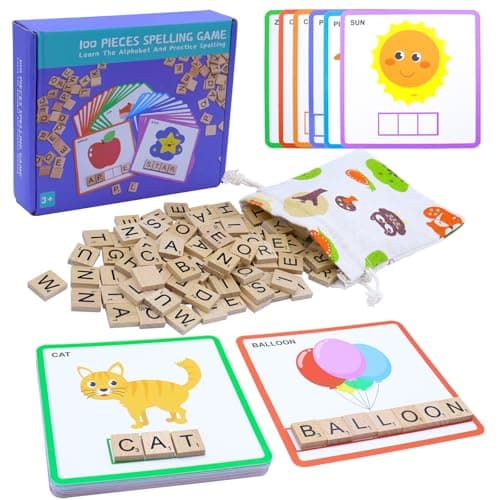 Humerry Spelling Game for Kids Ages 3-8, Word Building & Sight Word Games, Phonics Learning Toy with 100 Wooden Letter Tiles & 30 Double-Sided Flashcards, Preschool Kindergarten Early Reading Game - Image 1