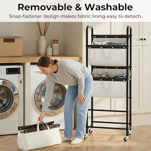 GRANNY SAYS 3 Tier Laundry Sorter, Laundry Basket with Wheels, Laundry Room Organization and Storage, 3 Section Rolling Laundry Cart for Dorm, Bathroom, Bedroom, Closet, Beige - Thumbnail 2