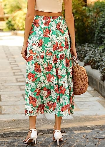 KIRUNDO Maxi Skirts for Women 2026 Summer Boho Floral High Waist Casual Flowy Long Skirt Beach Vacation Cruise Resort Wear(Floral Green Orange, Medium) - Thumbnail 5