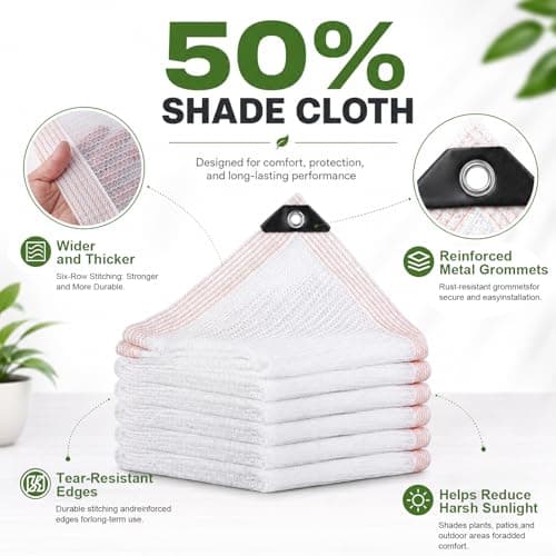 50% Shade Cloth for Garden, White Outdoor Sun Protection Mesh with Grommets, Breathable Patio Screen for Pergola, Chicken Run & Kennel Cover (6x12ft) - Thumbnail 2