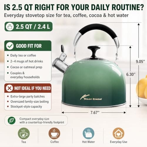 Tinlon Enamel 2.5 Qt Whistling Tea Kettle for Stovetop, Green - Thumbnail 3