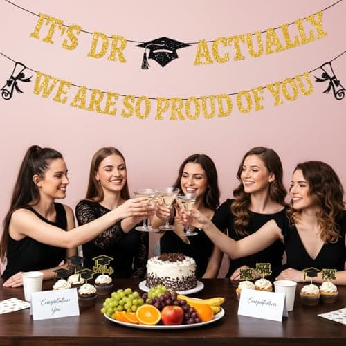 Lednica It’s Dr Actually Banner, Class of 2026 Congrats Doctor Graduation Hanging Decorations, Black Gold Doctorate Degree Grad Party Supplies & Decor, We're So Proud of You Photo Props - Thumbnail 2