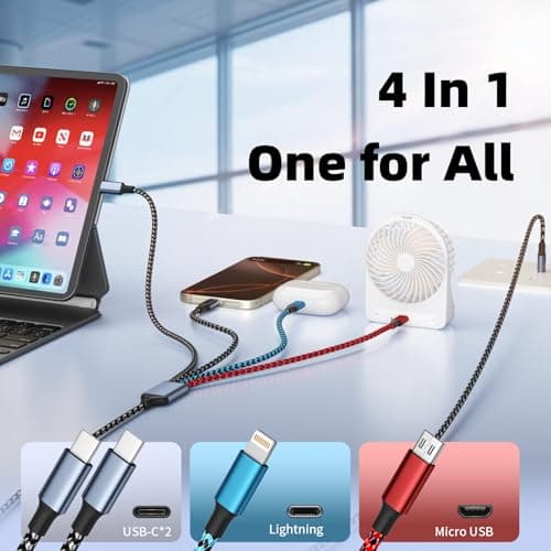 USB C 4 IN 1 Multi Charging Cable, Travel Essentials with Dual Type-C/Micro/IP Port, 2 Packs 5FT Nylon Multiple Charger Cord for iPhone 17 Pro Max/17 Air/16/15/14, Galaxy S25, iPad, Andorid and More - Thumbnail 2