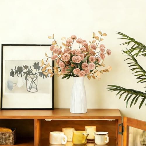 Luldesce Beige Faux Silk Pompon Mums Artificial Flowers - 12 Pcs Fake Kiku Flowers Bulk with Eucalyptus Leaves, Long Stems Chrysanthemums Ball Flower for DIY Centerpiece Party Spring Home Decor - Thumbnail 5