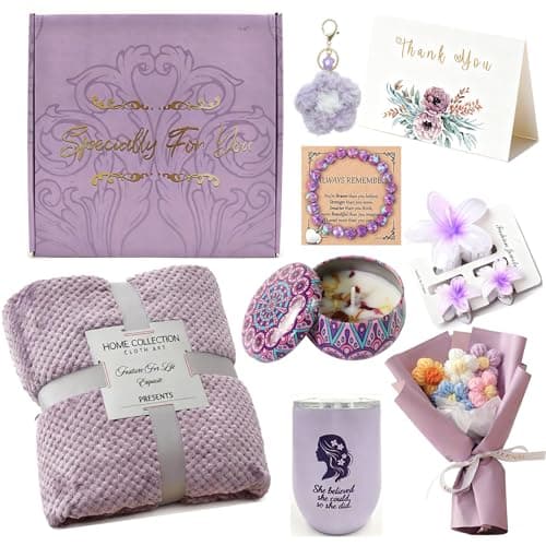 HJOCMLE Birthday Gifts Set for Women Luxury Purple Spa & Self Care Gift Boxed Set with Cozy Blanket, Tumbler, Scented Candle, Bracelet & Flower Bouquet for Mom, Sister, Friend,Mother,Grandma, Wife - Image 1