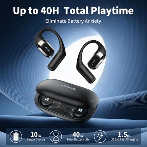Open Ear Headphones,Over Ear Earbuds with Ergonomic Earhook,Bluetooth Headphones 5.4 with Smart Digital Display,40H Playtime,IPX6 Waterproof,Touch Control Operate Fit Cycling,Running,Workout(Black) - Thumbnail 3