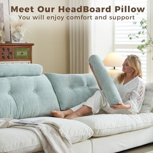 ZERALIVEN Headboard Pillow for Full – Chenille Large Triangular Wedge Pillow for Headboard Gap, Daybed and Couch Backrest, Reading and Sitting Up in Bed with Removable Washable Cover, Green - Thumbnail 5