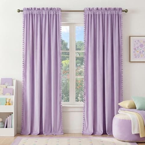 NICETOWN Lilac Purple Velvet Curtains 96 Inch Length (2 Panels) – Pom Pom Room Darkening Drapes for Nursery & Kids Room, Thermal Insulated Soft Window Treatments Whimsical Charm Decor