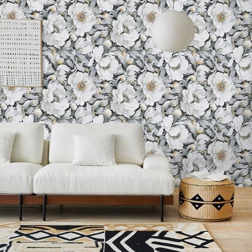 White Wallpaper Peel and Stick, Vintage Grey Peonies Floral Contact Paper 17.5" x 393.7", Retro Self Adhesive Removable Vinyl Waterproof Flower Wallpaper for Bedroom Walls Cabinet Home Decoration - Thumbnail 2