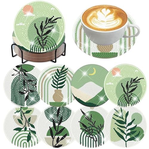 ijbnhd 8 Pcs Leaf Diamond Art Coasters Kit, Leaf Diamond Painting Coasters with Holder, Arts and Crafts Supplies Astral 4X4inch (Cork Wooden Pad) - Image 1