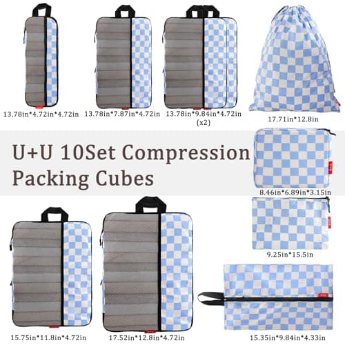 U+U 10 Set Compression Packing Cubes - Ultralight Travel Organizers with Laundry Bag and Cosmetic Bag, Space-Saving Suitcase Organizer for Travel, Business Trip and Family Vacation (Blue Checkered) - Thumbnail 3