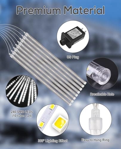 EAGWELL Christmas Lights Outdoor 12 Inch 10 Tubes Meteor Shower Light LED Falling Rain Drop Lights Icicle Cascading Xmas String Decor for Tree Wedding Party Garden Easter Light Decoration,Shine White - Thumbnail 5