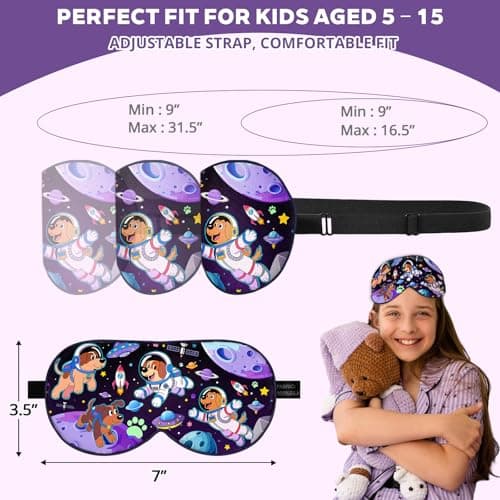 Kids Silk Sleep Mask: 100% Mulberry Silk Eye Mask with Adjustable Strap, Soft Blackout Boys Girls Sleeping Mask, Cute Printed Blindfold for Travel/School/Bed, Gift for Ages 5–15 (Space Dog Style) - Thumbnail 4