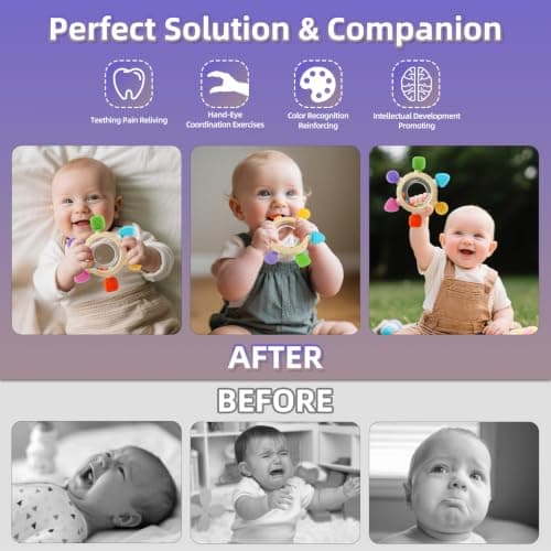 VTECHOLOGY Baby Teething Rings Toys for 0-6 6-12 Months Baby Rattle Teether Sensory Toys for Babies 0-24Months Silicone Teether Relief Chew Soothing Sore Gums for Newborn Infant Essentials BPA Free - Thumbnail 5