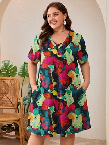 AusLook Plus Size Midi Dress for Women Multicolored 4X Short Sleeve V Neck Criss Cross A Line Summer Casual Vacation Dress T-Shirt 2026 Sundresses with Pockets - Thumbnail 3