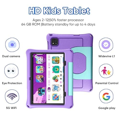 10 inch Kids Tablet, Android 16 Tablet for Kid, Octa-Core Processor, 24GB RAM, 64GB ROM 1TF Card Expandable for Toddler Children,Tablets with Case, Parental Control, 6000mAh,WiFi, BT5.0 (Purple) - Thumbnail 3