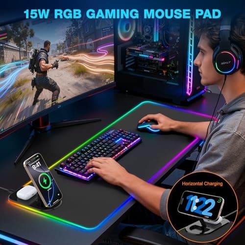 Gaming Mouse Pad Wireless Charging - Desk Mat Magnetic Foldable Phone Stand with 20W PD Charger, RGB Extended Large Keyboard Mousepad - PC Laptop Desk Pad for Work Game (Adapter Included) - Thumbnail 2