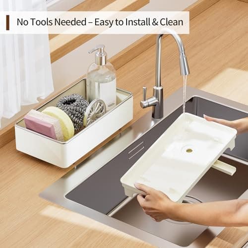 Sponge Holder for Kitchen Sink – Rustproof Stainless Steel, 360° Rotating Drain Pipe, Large Counter Organizer with Drip Tray for Sponges, Brushes & Dish Cloths Off-white - Thumbnail 5